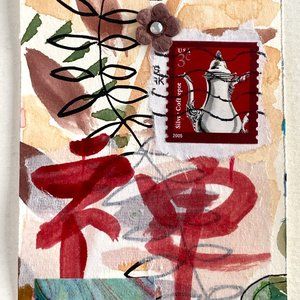 ACEO Original Watercolor Painting 2005 Silver Coffee Pot USA Postage Stamp ATC